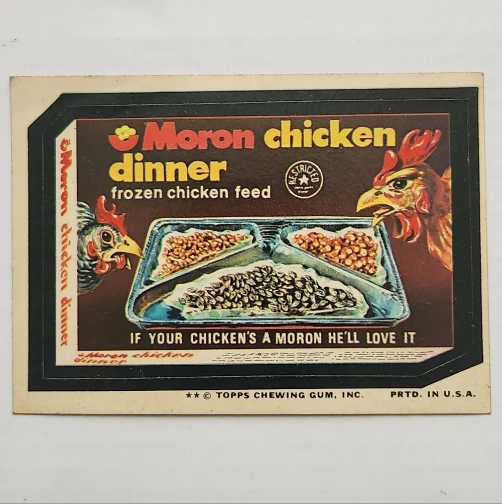 Vintage 1974 Topps Wacky Packages Moron Chicken Dinner Sticker Card 11th Series